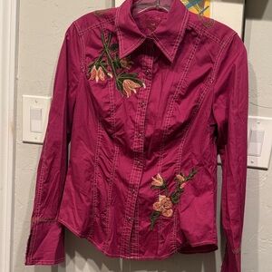 Embroidered Pink Floral Button-Up Shirt